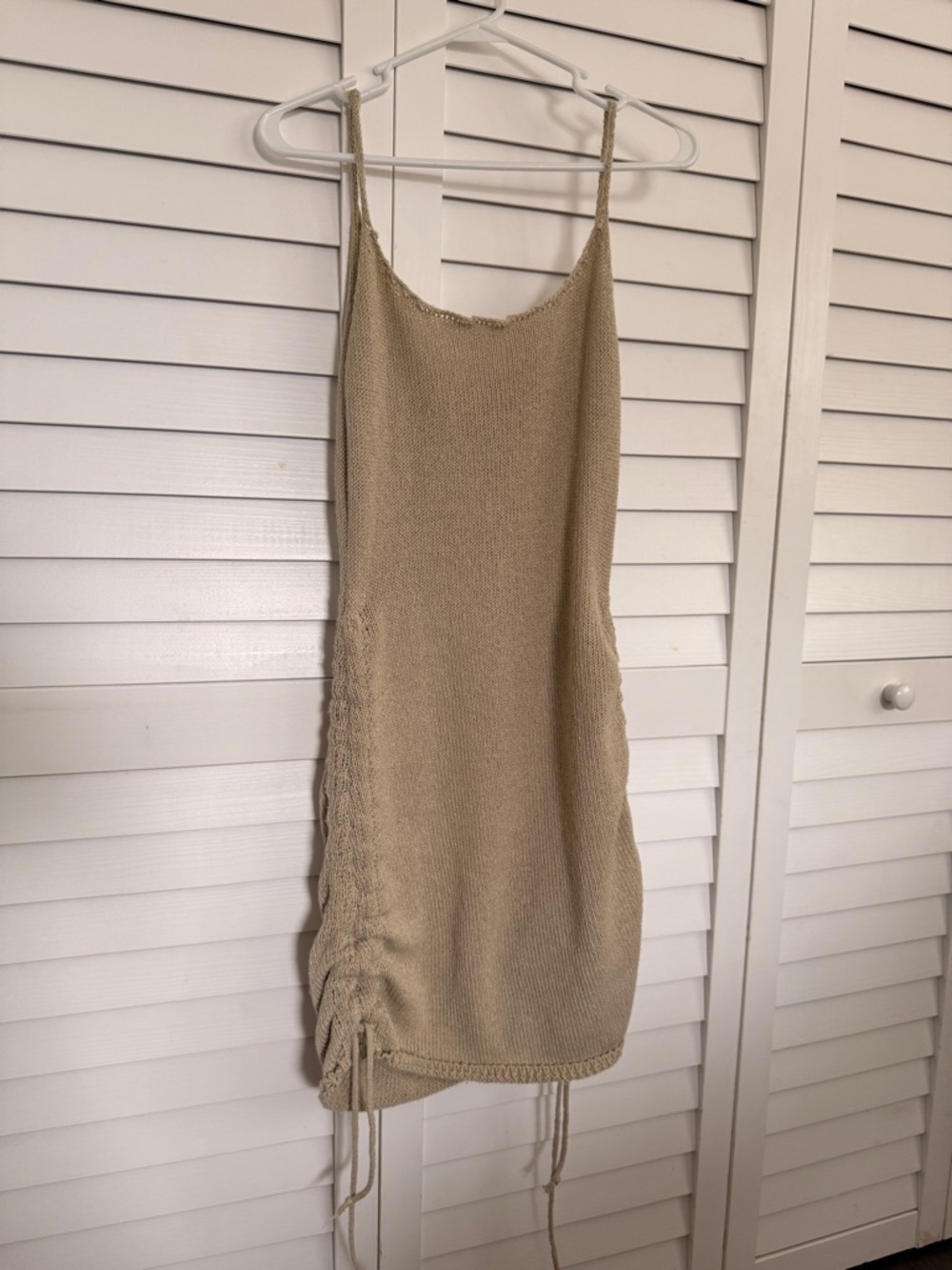 Beige Knit Drawstring Slip Dress